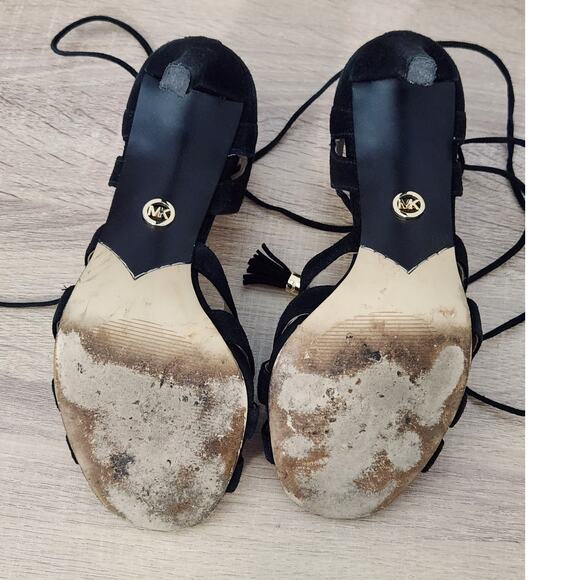Michael Kors Mirabel Black Suede Leather Strappy Wrap Tassel SZ 6 Heels Sandals - Picture 7 of 12